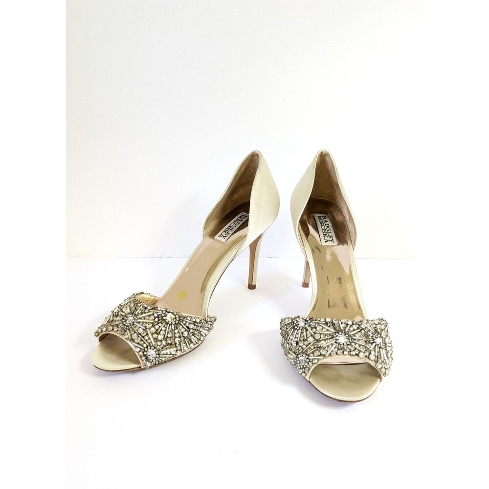 Badgley Mischka Maria Ivory Satin Peep Toe Pumps 10 Bridal Wedding Crystal Bead